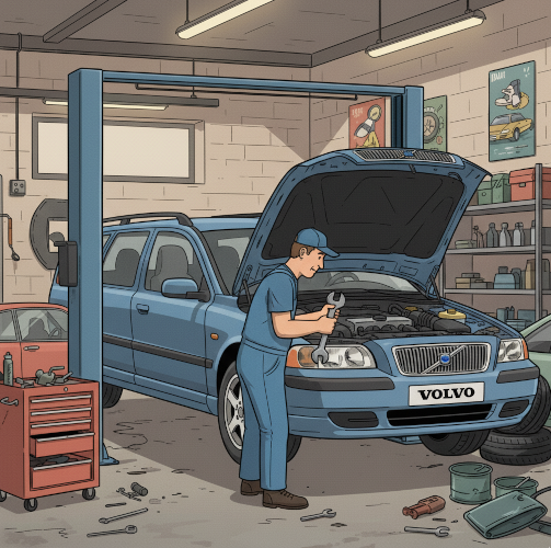 Gemalter Volvo V70 in einer Werkstatt